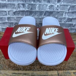 Nike Benassi JDI Sandal Slide White Metallic Bronze 343881-014 Womens Size 11